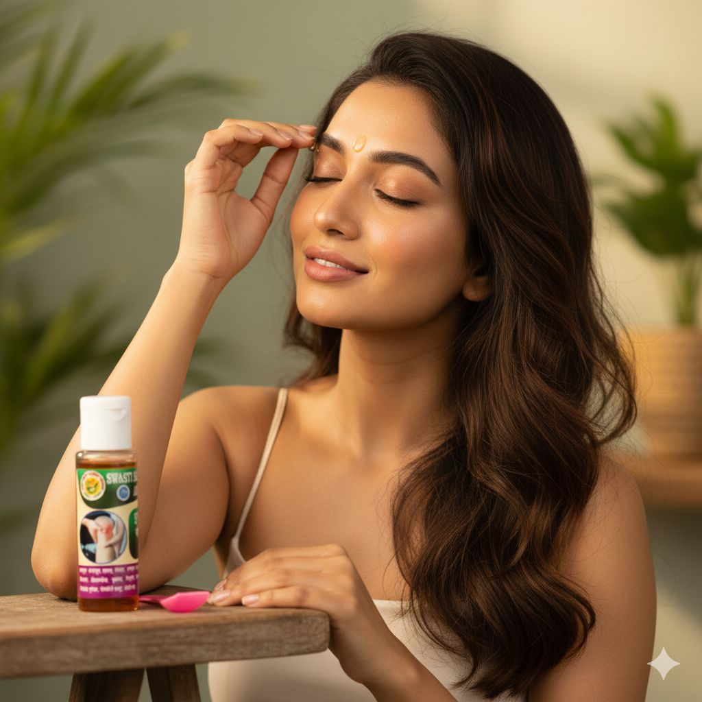 A girl using swasti sanjeevani oil product